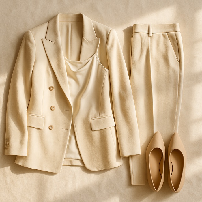 Ivory tailored suit with neutral pumps - inspiration for Job interview