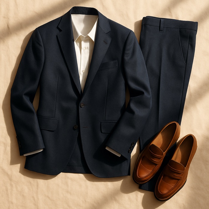 Navy tailored suit with white shirt and brown loafers - inspiration for Job interview