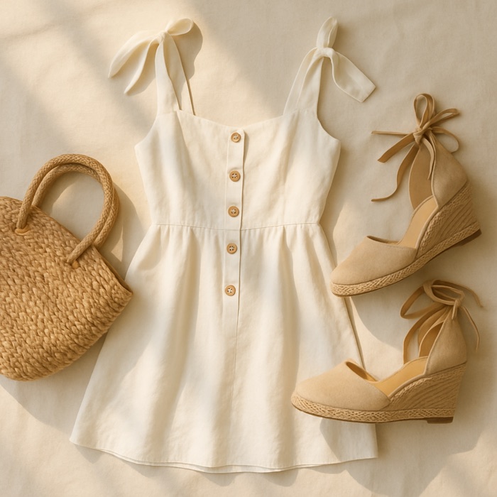 Ivory linen day dress with woven bag and espadrilles - inspiration for Festival